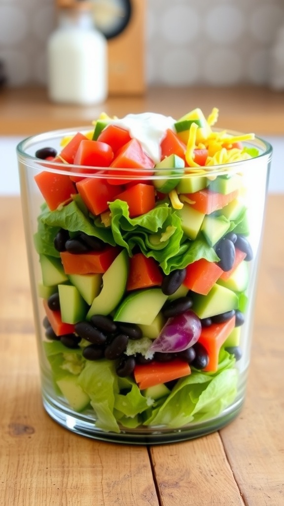 7-layer salad in a clear container with romaine lettuce, tomatoes, cucumbers, avocado, black beans, and cheese, drizzled with ranch dressing.